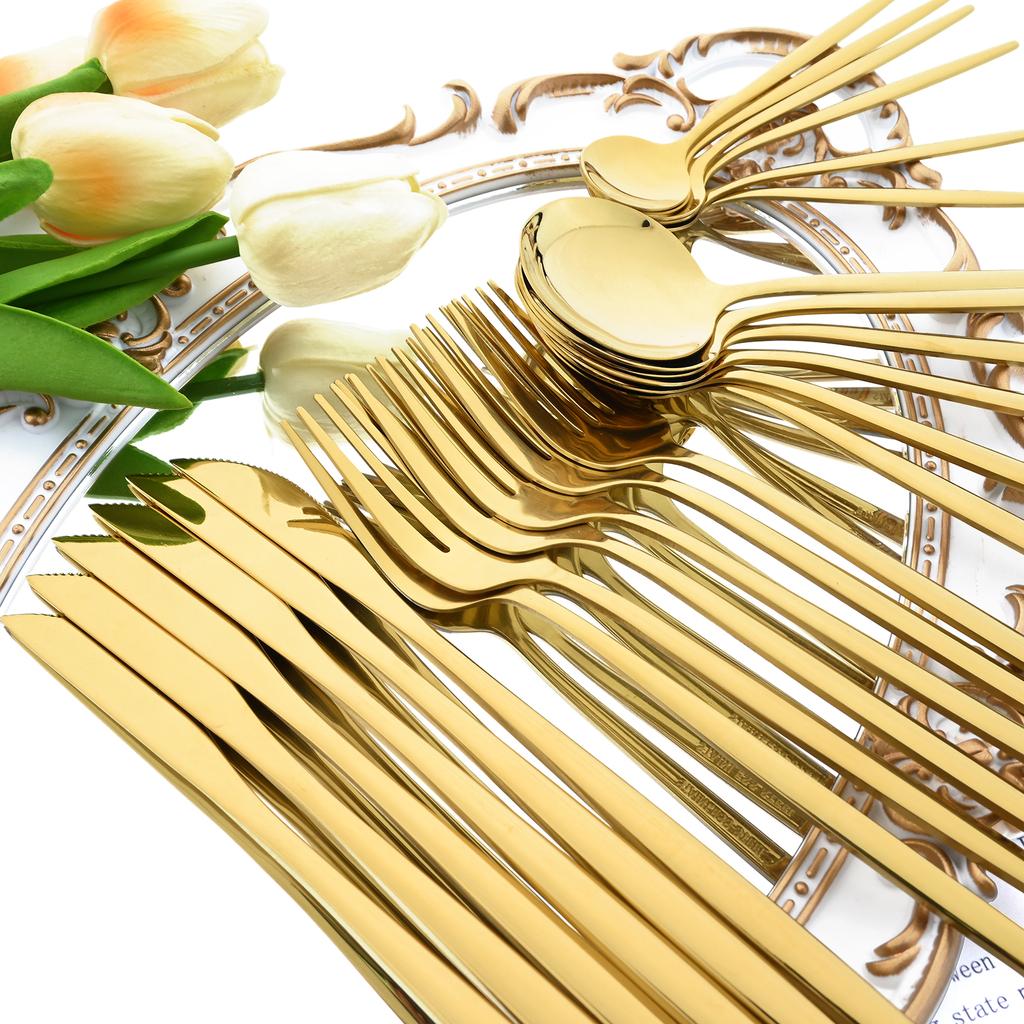 Jankng Gold 24Pcs Dinnerware Stainless Steel Cutlery Set Knife Fork Spoon Western Tableware Set Dinner Kitchen Silverware Set