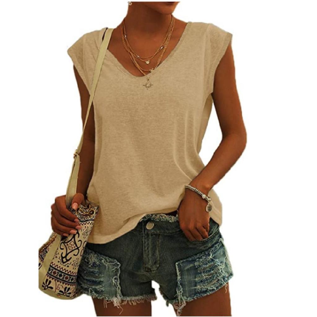 Women's Fashion Solid Color Cap Sleeve V Neck Casual Loose Short Sleeve T-Shirt Top