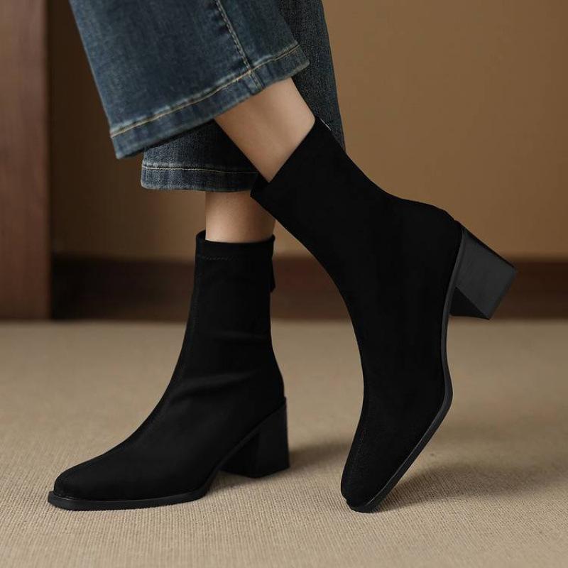 Autumn and Winter Women's Elastic Martin Boots Solid Color Suede Rear Zipper Large Size High Heel Women's Boots Rubber Sole Round Head Medium Boots
