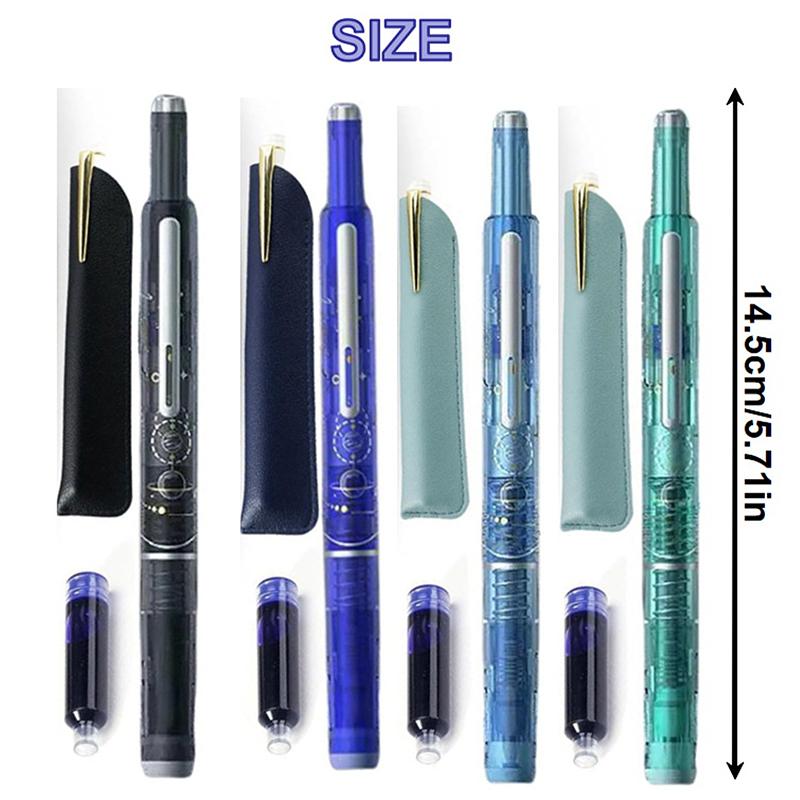 Fountain Pen Retractable 0.38Mmink Medium Nib Transparent Barrel For Calligraphy Includes 5 Refillable Ink Cartridges 1 Pen Case