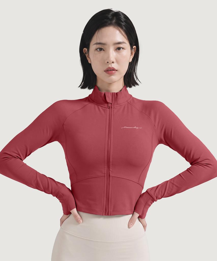 WANNABEZFIT Lettering Zip-Up Crop Jacket Burgundy