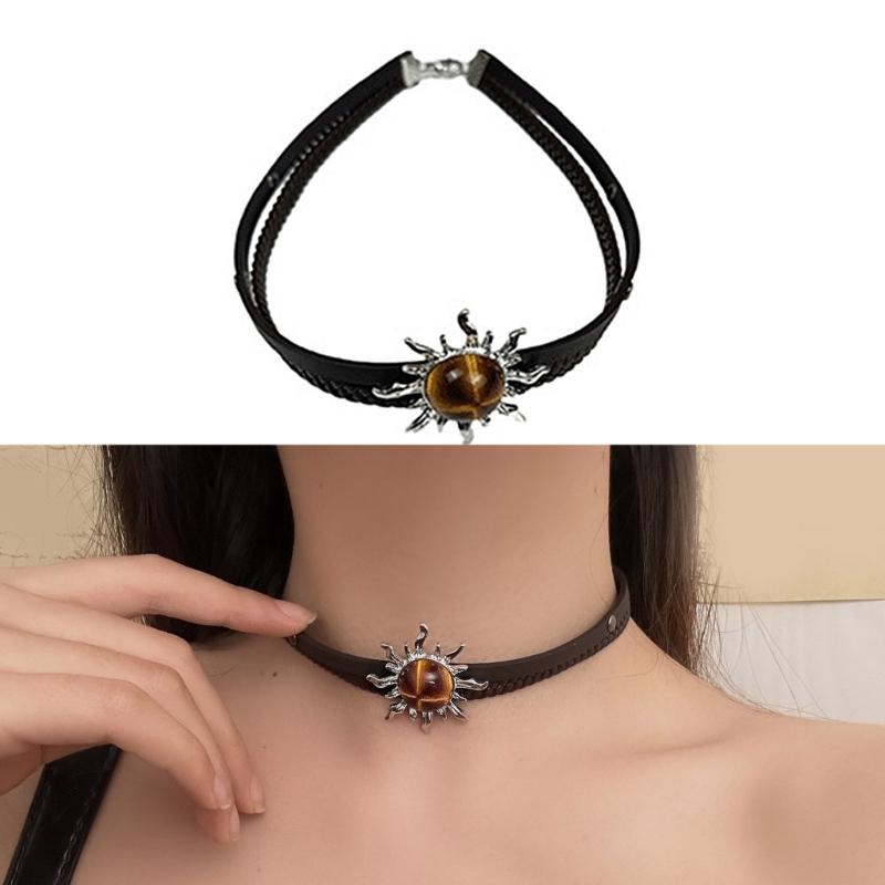 Double Layer Brown Leather Necklace with Sun Charm Clavicle Chain Choker for Nature Lovers and Fashion Enthusiasts