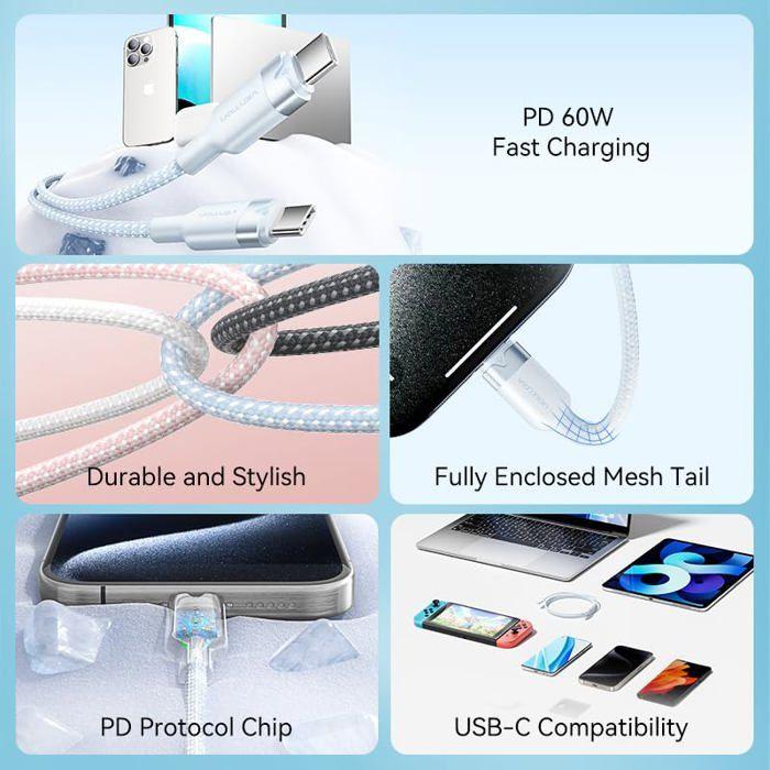 Câble USB Type C - Vention - 2 M - Charge rapide - Tressée - Haute vitesse - 60 W - 480 Mbps - 3 A - Mâle à mâle - Noir