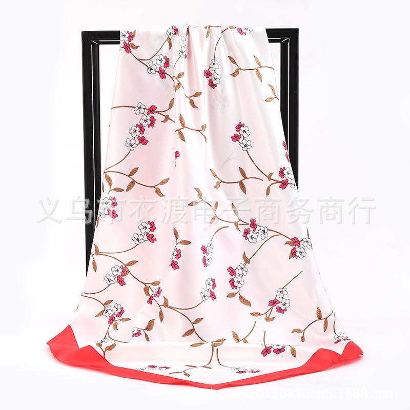 90*90Cm Women Elegant Floral Printed Square Imitation Silk Scarf Hijab Women Luxury Sunscreen And Dustproof Kerchief Head Scarf