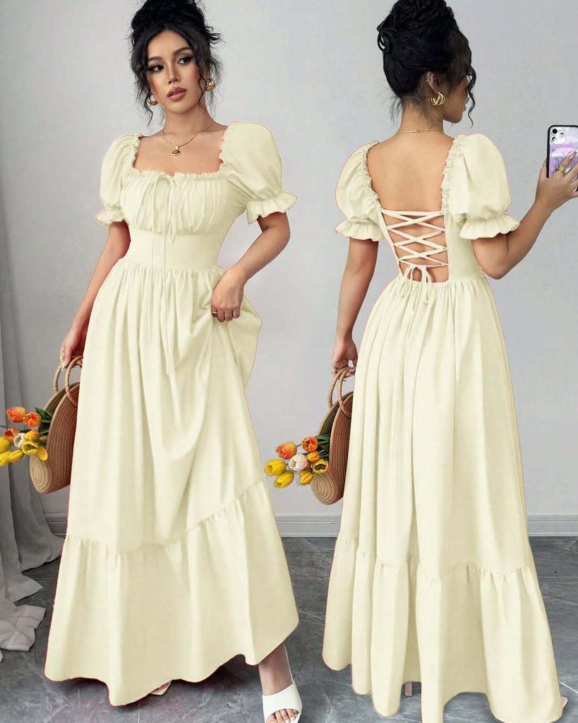 Summer 2025 European & American Women's Square Neck Tie-up Waist Dress