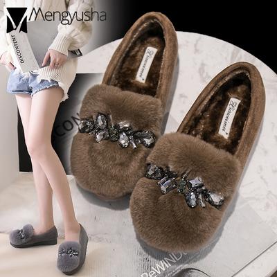 High Quality Genuine Hair Cozy Moccasins Big Size Rhinestone Chain Loafers Flat Heels Espadrilles Winter Warm Plush Shoes Women