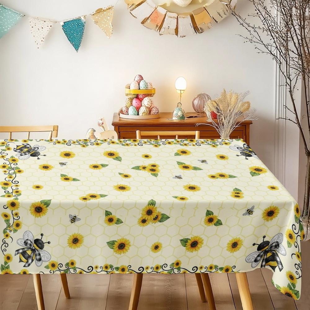 Sunflower Bee Topic Rectangle Tablecloth for Table Decor Kitchen Dining Waterproof Reusable Tablecloths for Table Holiday Party