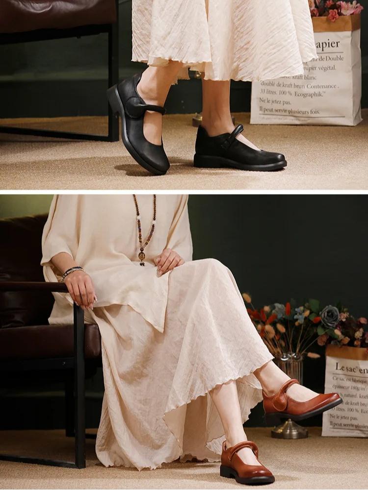 Johnature Retro Genuine Leather Women's Shoes Soft Soled Comfortable All Season Mid Heel Pumps