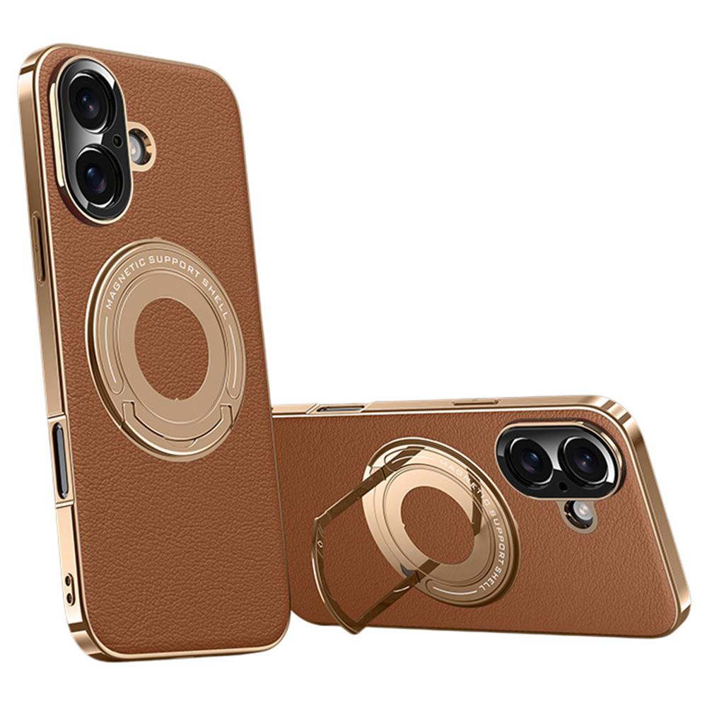 For iPhone 16 Case Compatible with MagSafe Leather TPU Back Cover with Hidden Kickstand
