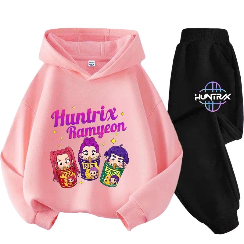 New K-pop Demon Hunter 3 - 12-year-old Girls' Sportswear 2-piece Cute Casual Top Children's Hooded Shirt Set with Cartoon Print