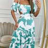 2025 Summer Women's Printed Off-Shoulder Dress with Elastic Waist - Flowy A-Line Long Vacation Dress with Sexy Cut-Outs and Ties