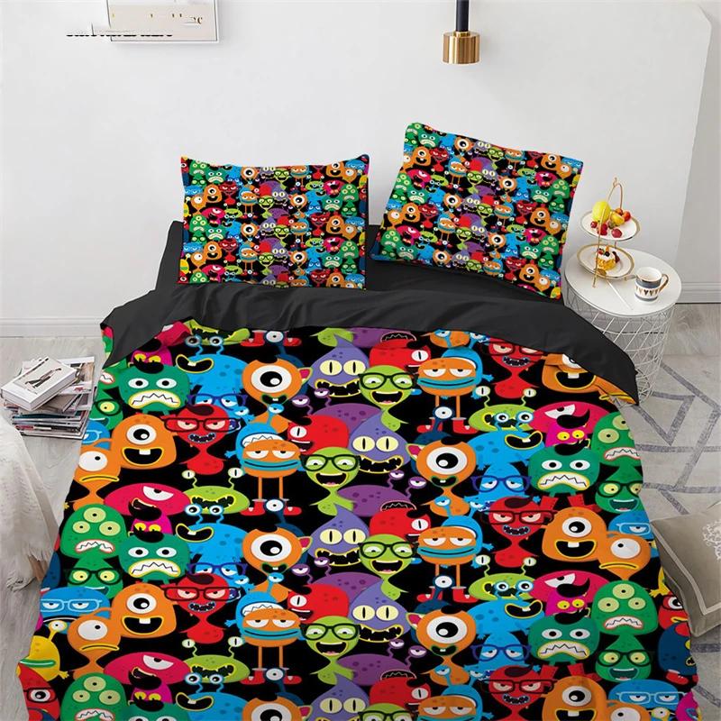 Copripiumino Mostro Cartone Animato Misura King Queen Set Letto Animali Adorabili Divertenti per Bambini Ragazzi Ragazze Anime Poliestere Copripiumino