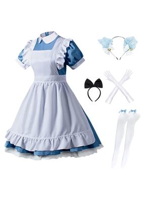 OMZIN Luksusowa Sukienka Lokajki Damska z Fartuszkiem, Kostium Gotycka Lolita w Stylu Alicji, Idealna na Festiwale Szkolne, Duże Rozmiary, Krótkie Rękawy, Kokardka, Lol