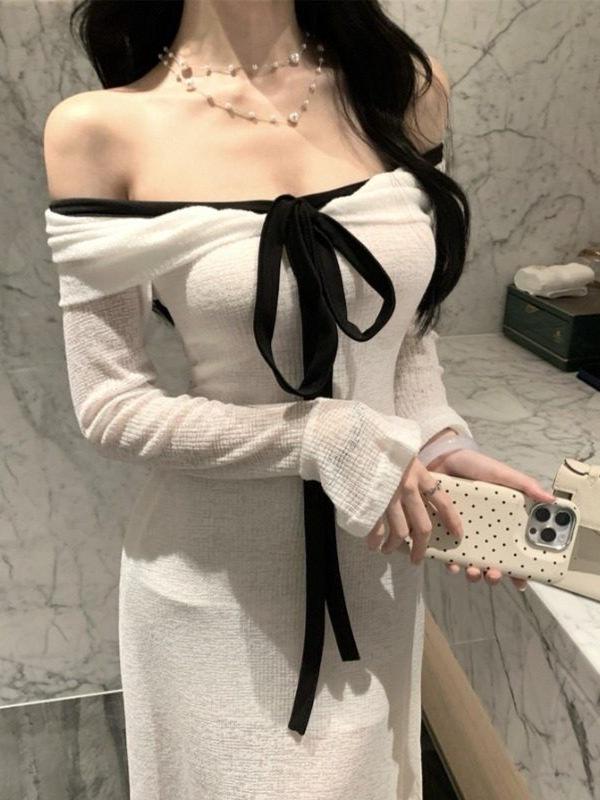 Elegant One-Shoulder Knit Dress for Women - Autumn/Winter 2026 French-Inspired Long Base Layer