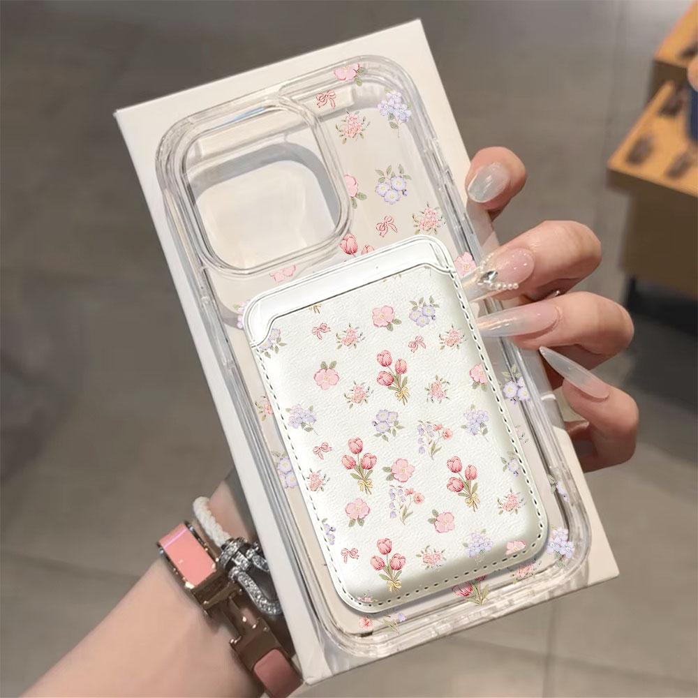 Full screen Pink Floral fragments For Magsafe wallet Magnetic Card holder Phone Case For iPhone 16 13 15 14 17 Pro Max 16E Cover