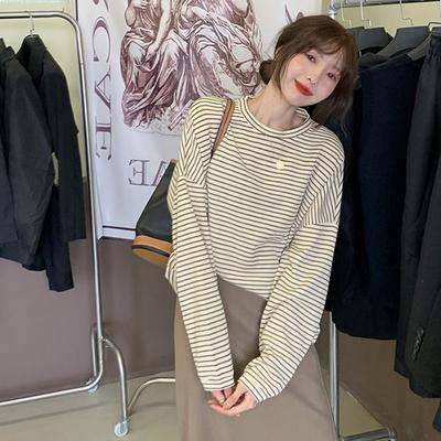 Striped Base Shirt Underwear for Autumn Women's Thin Loose New Round Neck Long Sleeve T-shirt Student Top