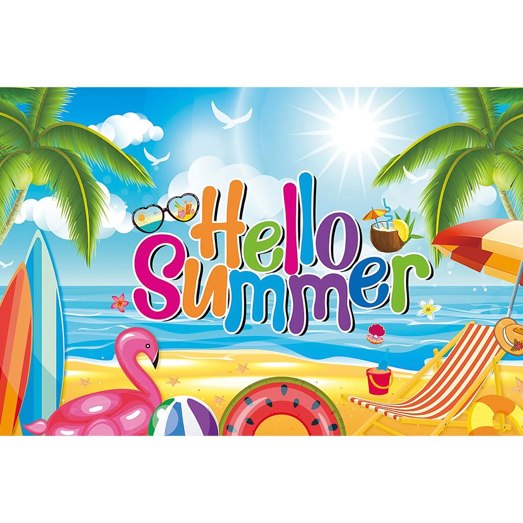 Hawaiian Beach Backdrop Hello Summer Tropical Ocean Palm Tree Surfboard Photo Background Luau Aloha Party Photo Booth Banner