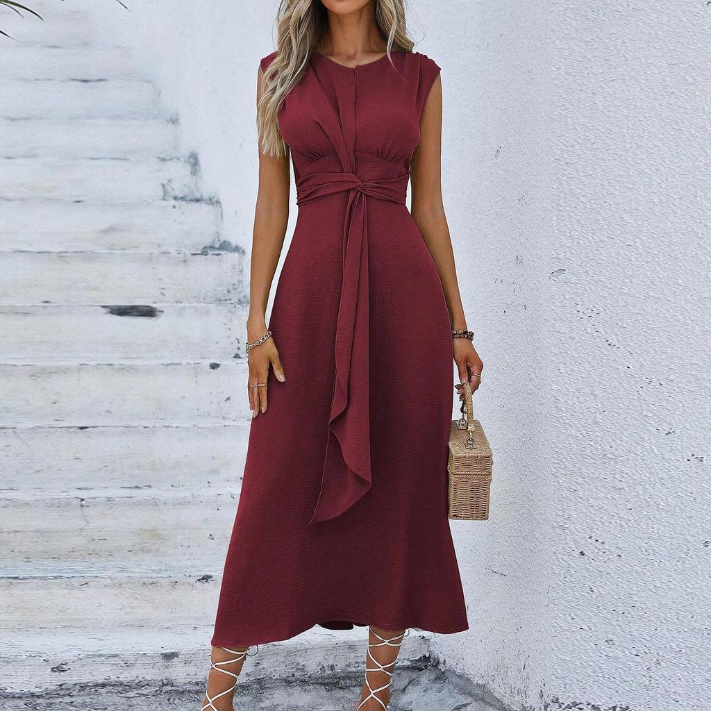 Women's Fashion Casual -Color Waist-Tied Long Sleeveless Dress