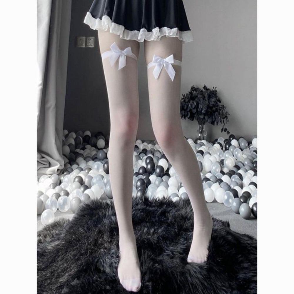 Slim Black Silk Sweet Cute Sexy Knee Socks High Thigh Socks Lolita Bow JK Stockings Women