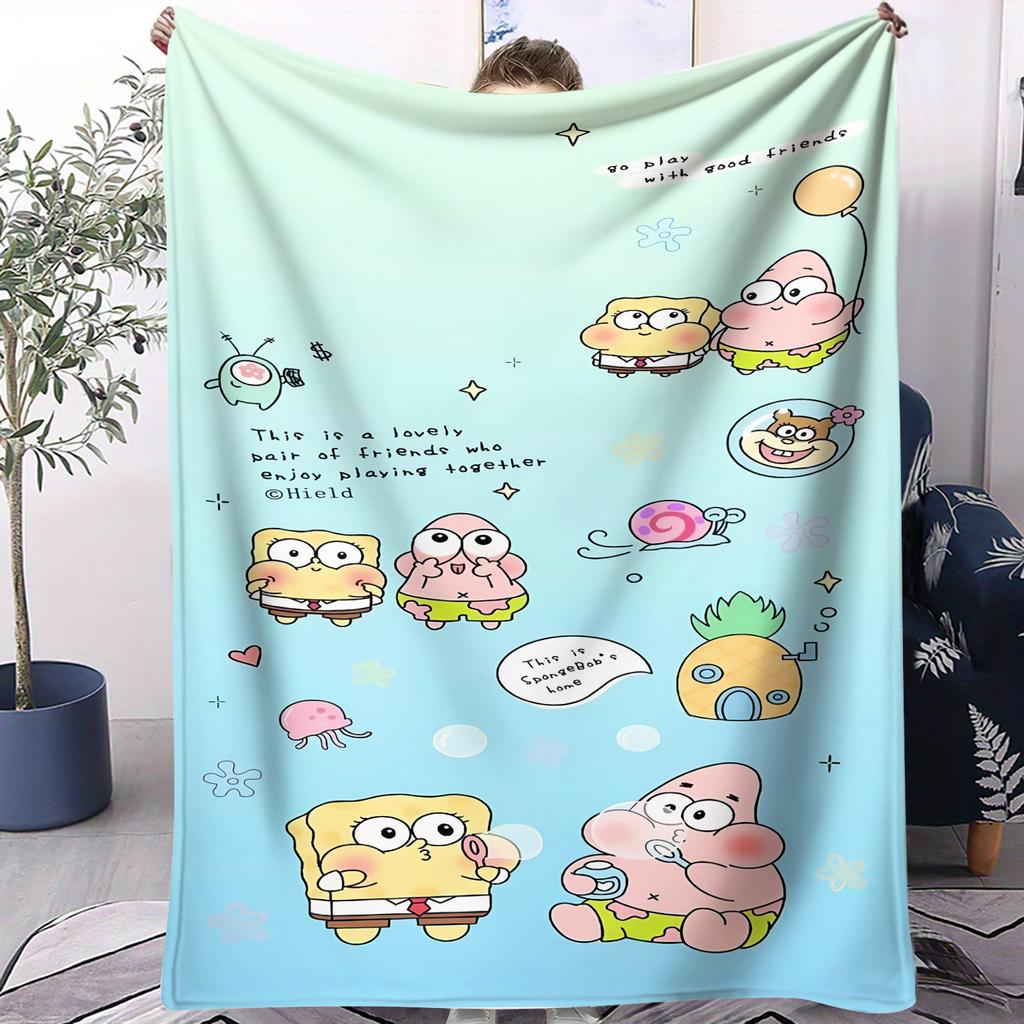 Cartoon Yellow Sponge-Bob Print Warm Blanket For Office Comfort Leisure Camp Travel Multifunctional Universal Blanket Fan Gift