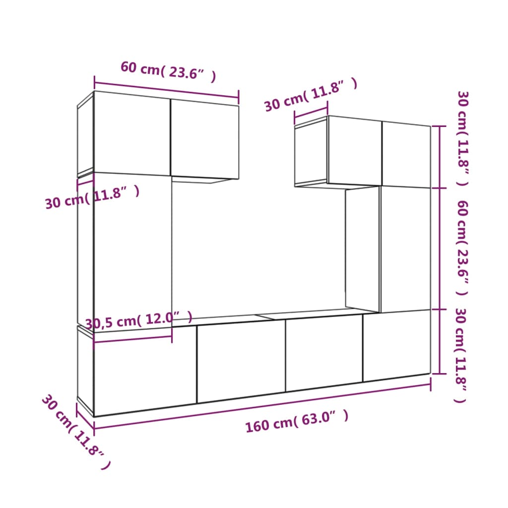 6 piece TV cabinet set concrete grey particleboard