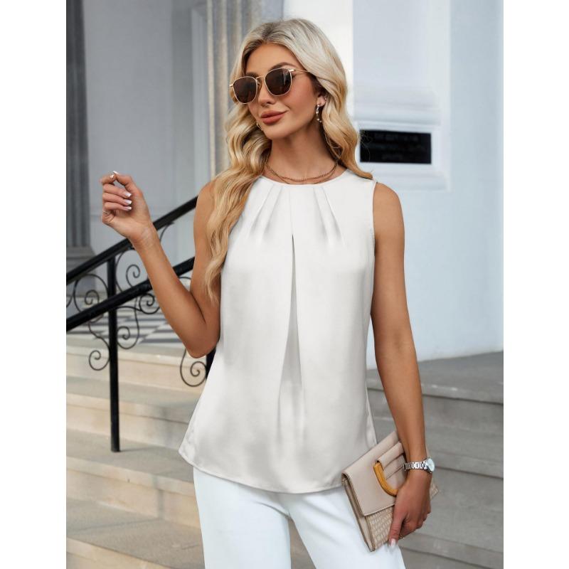 2026 Neue Falten-Rundhals-Bluse Damen Satin Ärmelloses Oberteil Damen Frühling/Sommer Elegant Locker Einfaches Bürohemd Süß Einfarbig Damenbekleidung