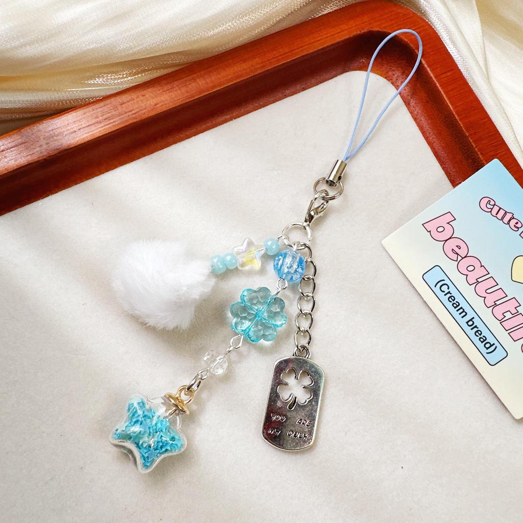 Dreamy Ocean Keychain: Blue Glass Wishing Bottle & Fur Ball Charm Phone Pendant