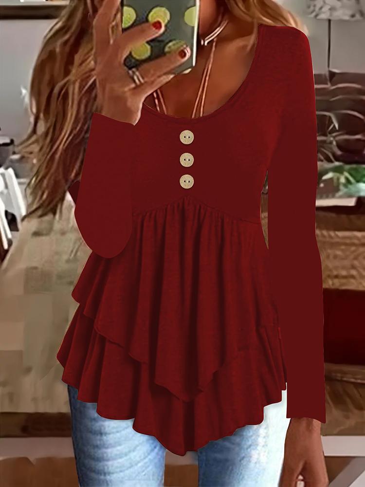 Herbst Damenmode Top Knopf Casual Einfarbig U-förmiger Kragen Bedruckt Langarm