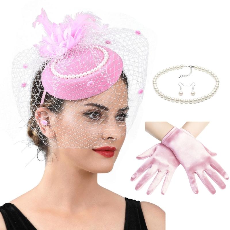 2025 Derby Hat For Women Feather Fascinator Hat and Necklace Earring Lace Short Gloves Set For Teas Party Church Wedding