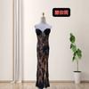 European and American Straight Hair Fashion Tube Top Lace with Diamonds Slim Fit High Split Black Party Dress Dress