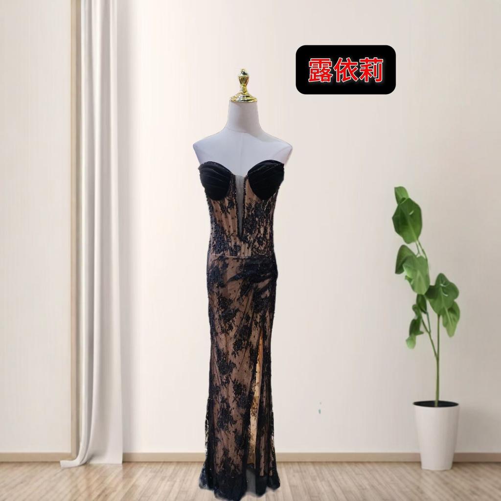 European and American straight hair fashion tube top lace with diamonds slim fit high split black party dress dress