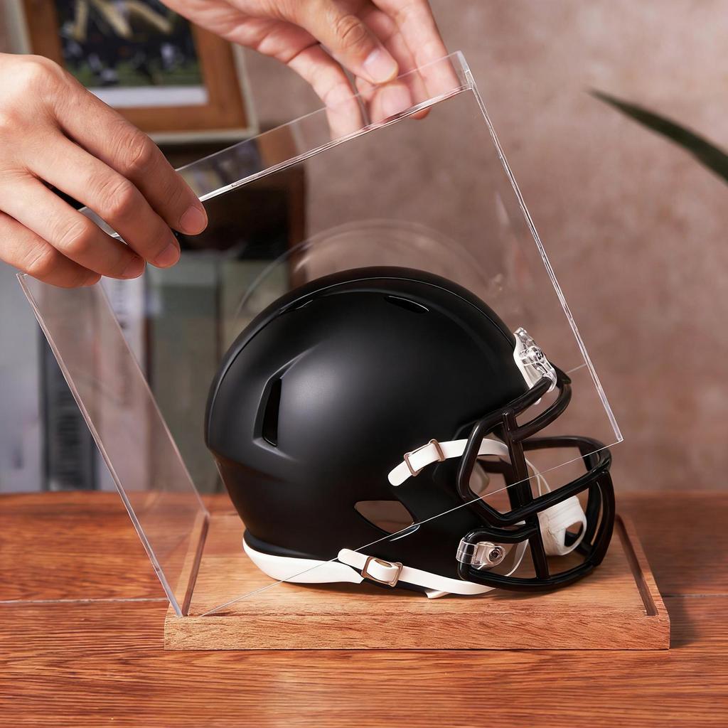 Full Size Helmet Display Case Clear Box with Wooden Stand Full Size Football Helmet Display Case for Sports Collectibles