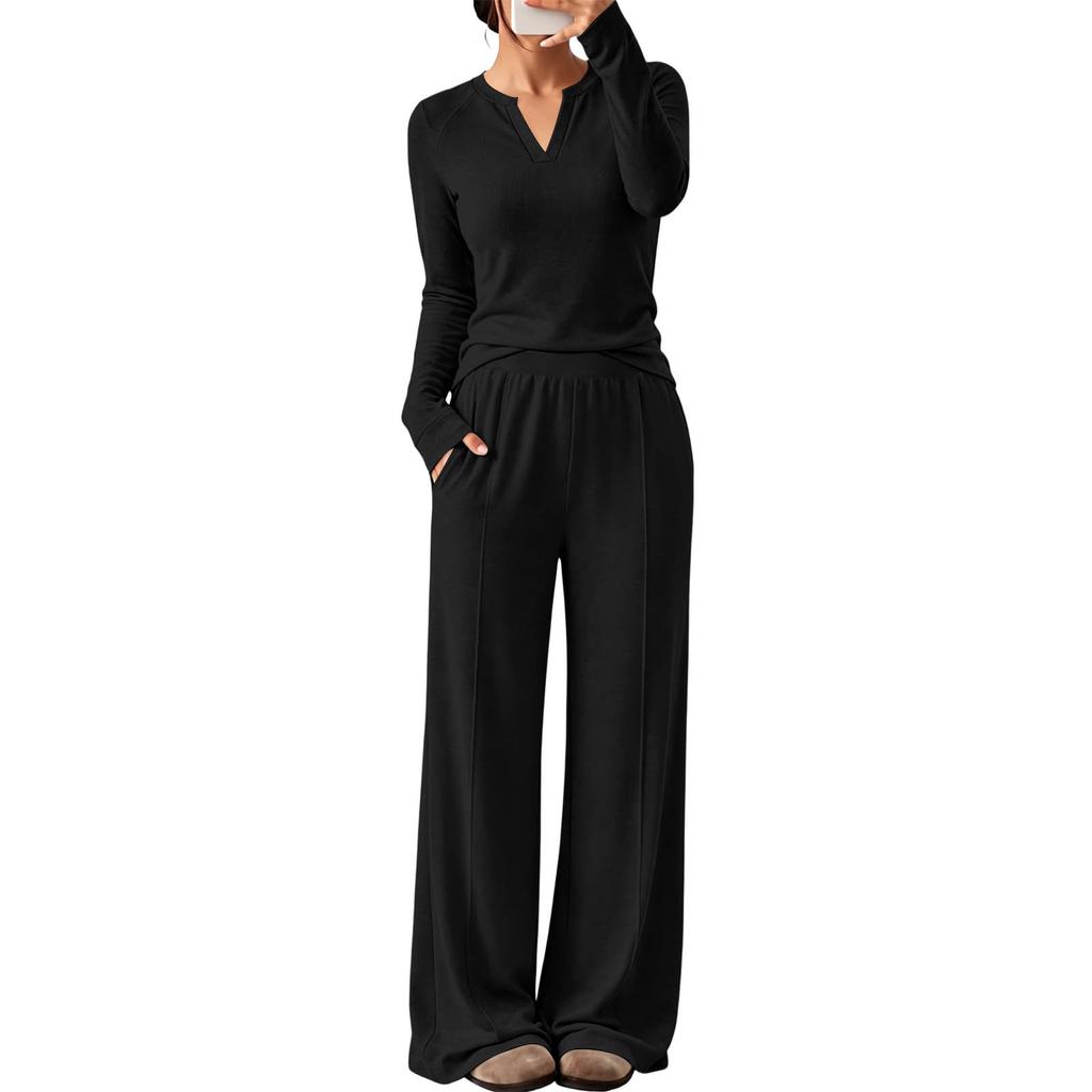 Women's V-Neck Long Sleeve Sweatshirt and Pants Set Casual Two Piece Outfit for Workout and