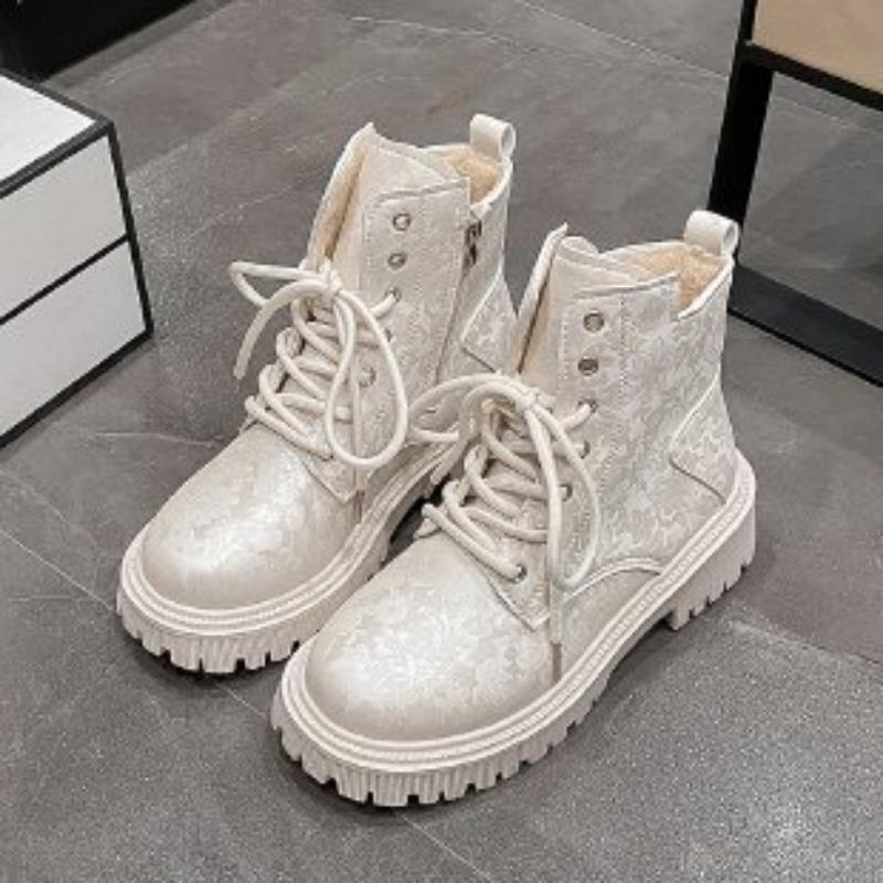 Autumn and Winter New Printed Thick-heeled Retro Short Boots Thick-soled Round Head Fleece Thickened Large-size Martin Boots