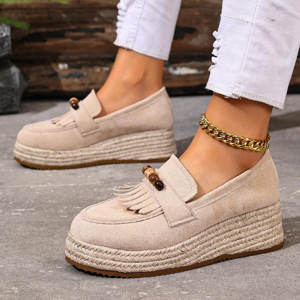 Scarpe Loafer Donna Autunno Decorazione con Perline Colorate Stile Bohemia Comfort Zeppa in Canapa Scarpe con Tasselli Moda Scamosciate Slip-On