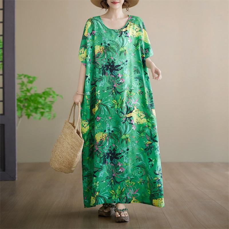 Abito estivo lungo maxi casual ampio da donna taglie forti manica corta cotone floreale vintage nuovo
