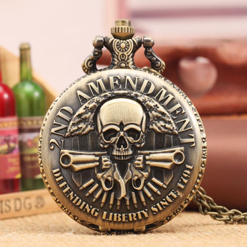 

Vintage bronze gun skull defending freedom Second Amendment military quartz necklace Pocket watch pendant for men Halloween Chri бронзовий