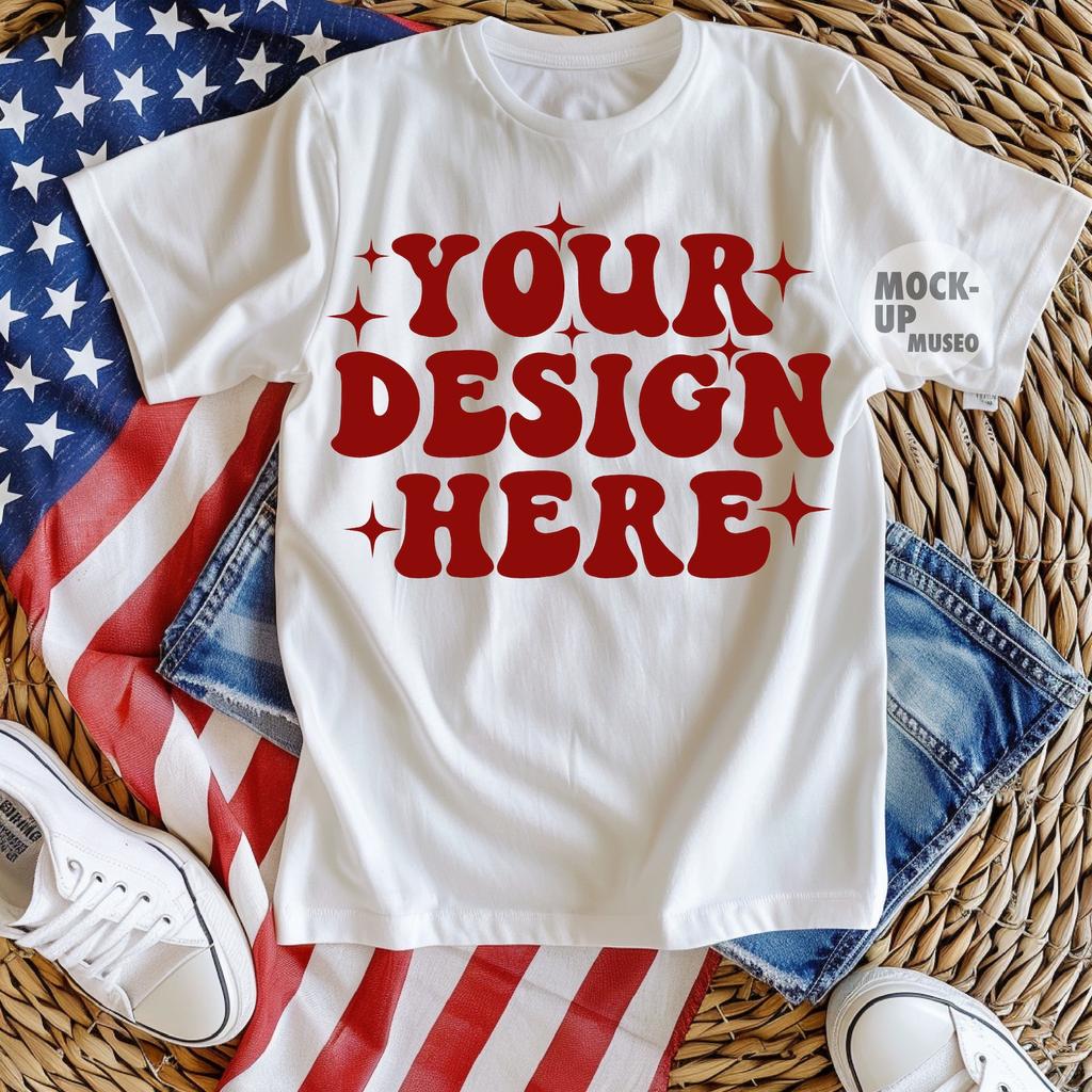 White T-Shirt Mockup: 4th of July Patriotic Flat Lay