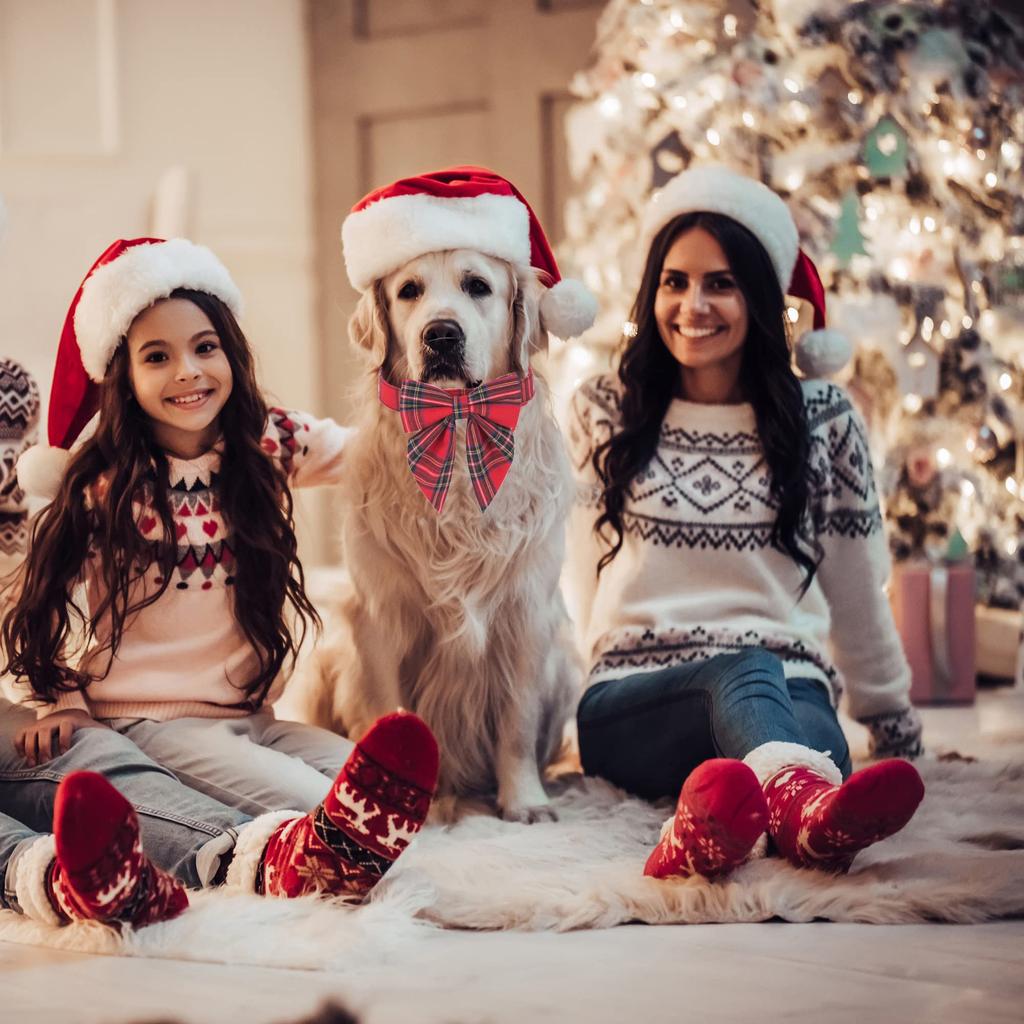 Christmas Dog Collar with Bow Adjustable Cotton Red Plaid Bowtie Dog Christmas Collars for Large Dogs Pets