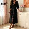 Retro Style Dress Women's Summer Button Down Long Dress, Casual Loose V Solid Color Neck Tunic Roll Up Sleeve Vacation Lounge Outfits Women