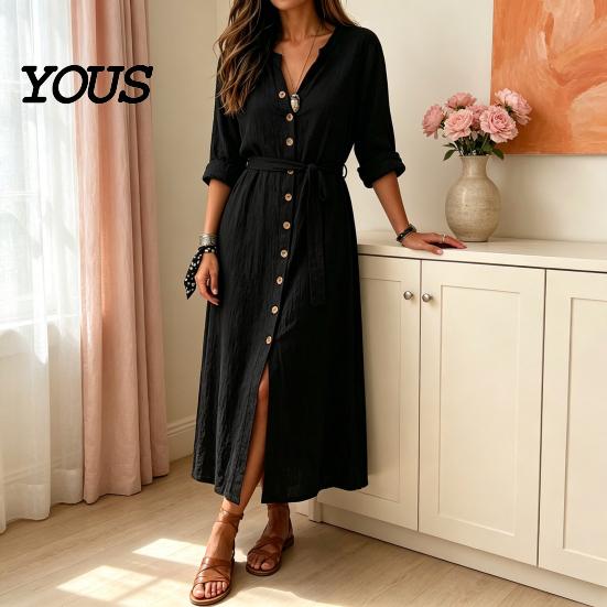 Retro Style Dress Women's Summer Button Down Long Dress, Casual Loose V Solid Color Neck Tunic Roll Up Sleeve Vacation Lounge Outfits Women