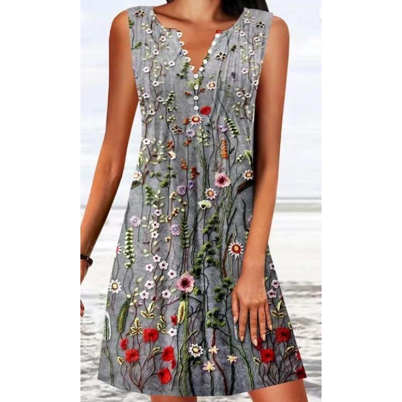 Women's V-Neck Vest Printed Button Waist Sleeveless Knit Dress