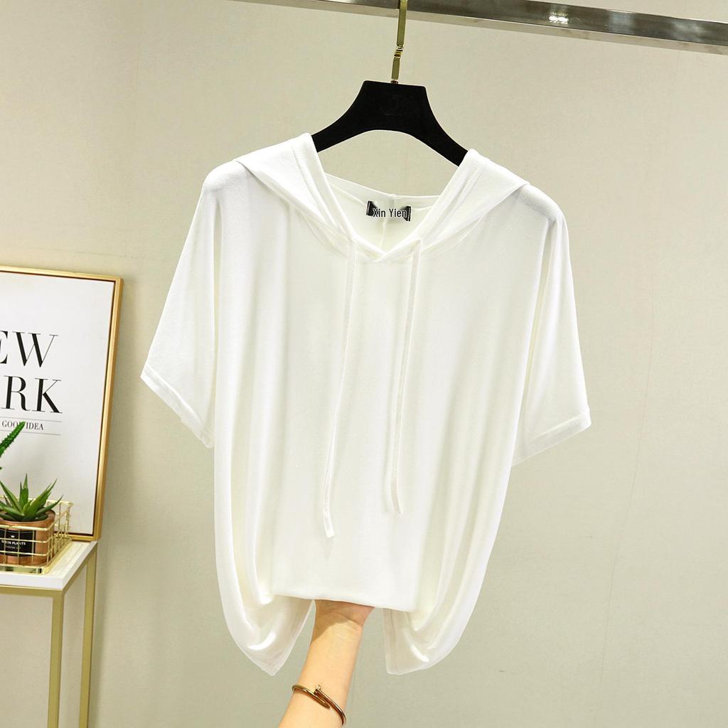 T-shirt à capuche manches courtes en modal pour femme Printemps/Été - Haut de base léger coupe ample