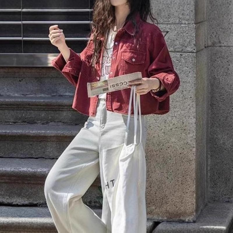 Encore Rote Jeansjacke, Herbst Kleine Vielseitige Moderne Revers Kurze Jacke für Damen