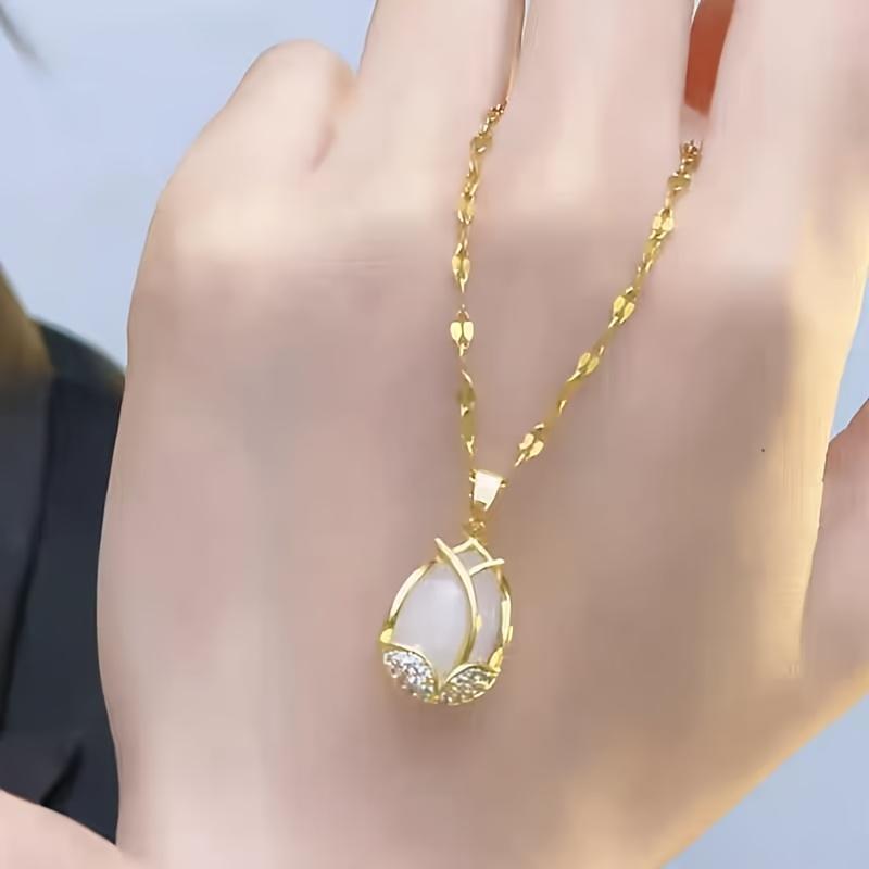 

Fashionable Versatile Retro Tulip Flower Rhinestone Stainless Steel Necklace Light Luxury Niche High End Women Daily Gift 1pc