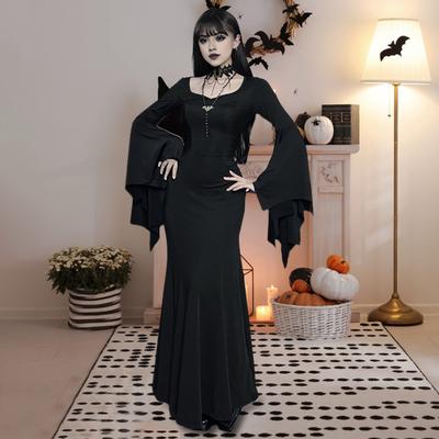 Women Halloween Dress Fish Tail Hem Slim Fit Irregular Ruffle Cuff Bat Sleeves Gothic Round Neck Solid Color