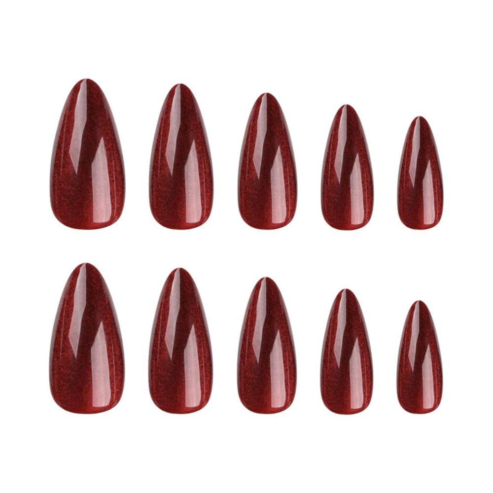 Manicure Long Almond False Nails Red French Fake Nials Cat Eye Detachable Nail Tips DIY