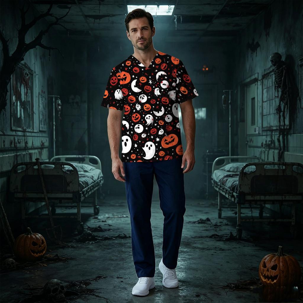 Men's Short Sleeve V-Neck Scrub Top with Chest Pocket Halloween Print
