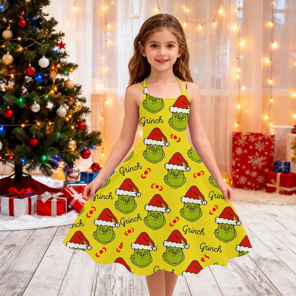 Children's Fashion Casual Christmas Print Off-Shoulder Punk Vintage Dress