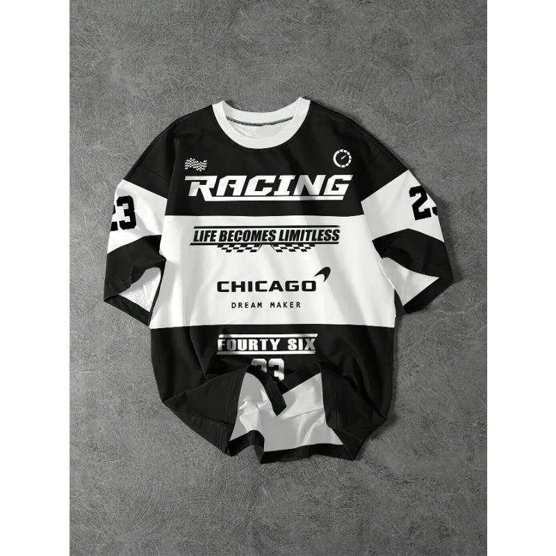 Pánské tričko s kostkovaným vzorem vlajky s tématem závodění a potiskem písmen, tričko s kulatým výstřihem a krátkým rukávem, letní venkovní móda